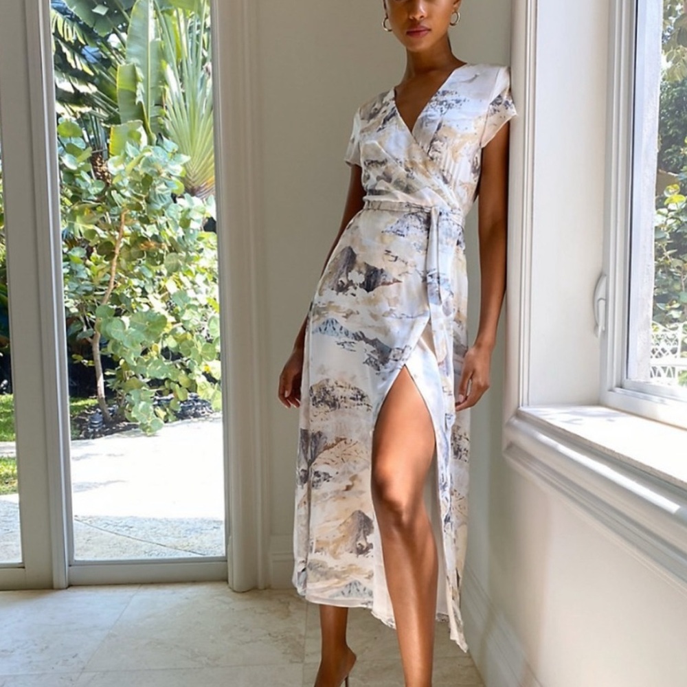 Babaton Aritzia Landscape Print Wrap Dress Neutral Earthy Midi Maxi Large